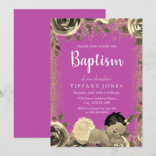 Roze en goudsparkle Glitter Girl Baptism Invite Kaart (Voorkant / Achterkant)