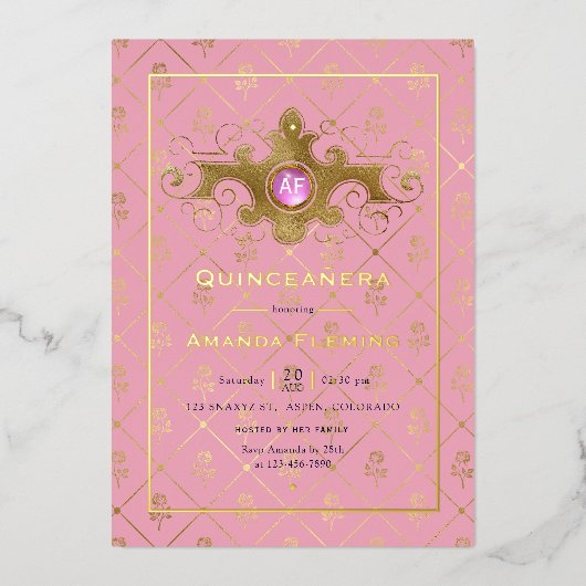 Roze en goudsteen Quinceañera Monogram Folie Uitnodiging (Voorkant)
