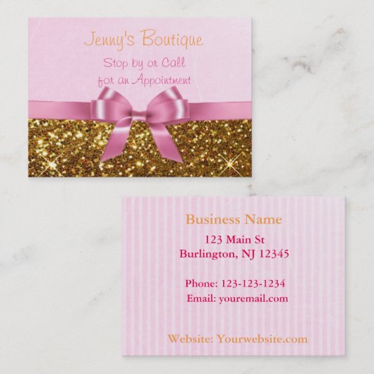 Roze en goudstreep met roze romp en glitter afsprakenkaartje (Voorkant / Achterkant)