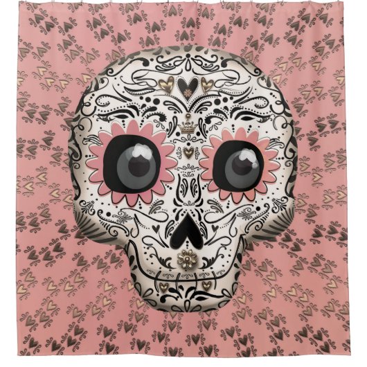 Roze en goudsuiker schedel en geluid douchegordijn (Voorkant)