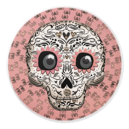 Roze en goudsuiker schedel en geluid keramische knop (Voorkant)