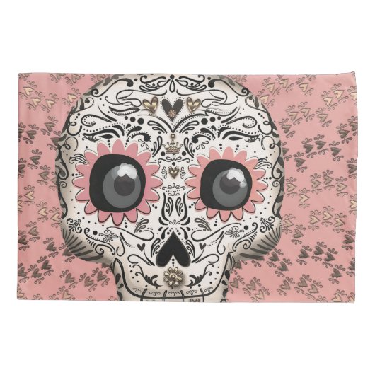 Roze en goudsuiker schedel en geluid kussensloop (Achterkant)