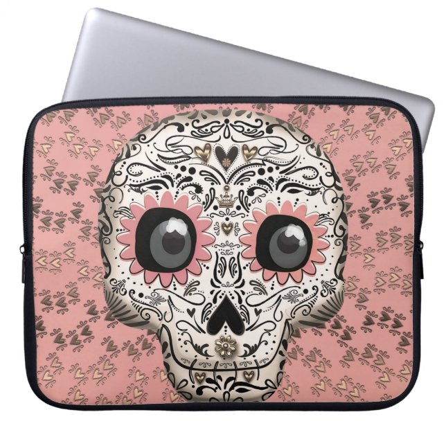 Roze en goudsuiker schedel en geluid laptop sleeve (Voorkant)