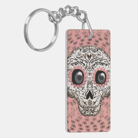 Roze en goudsuiker schedel en geluid sleutelhanger (Voorkant Links)