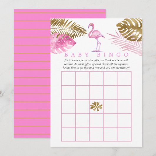 Roze en goudtropische Baby shower Bingo Kaart (Voorkant / Achterkant)