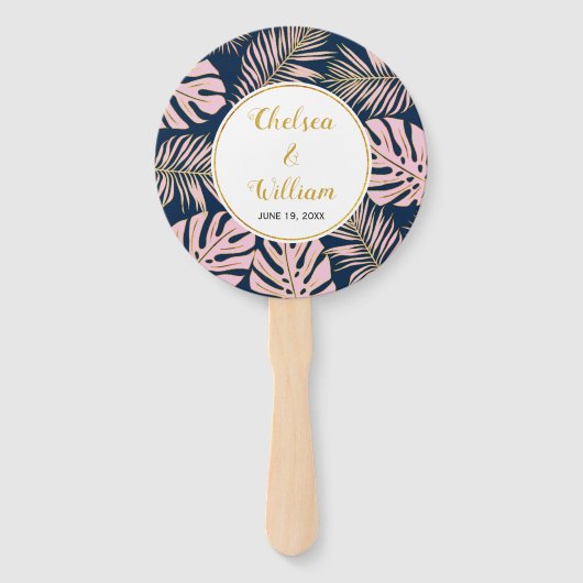 Roze en goudtropische bladeren marineblauwe bruilo handwaaier (Voorkant)