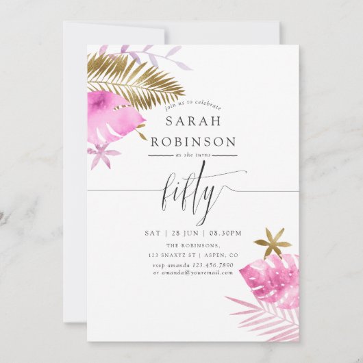Roze en goudtropische feestdag 50e verjaardag kaart (Voorkant)