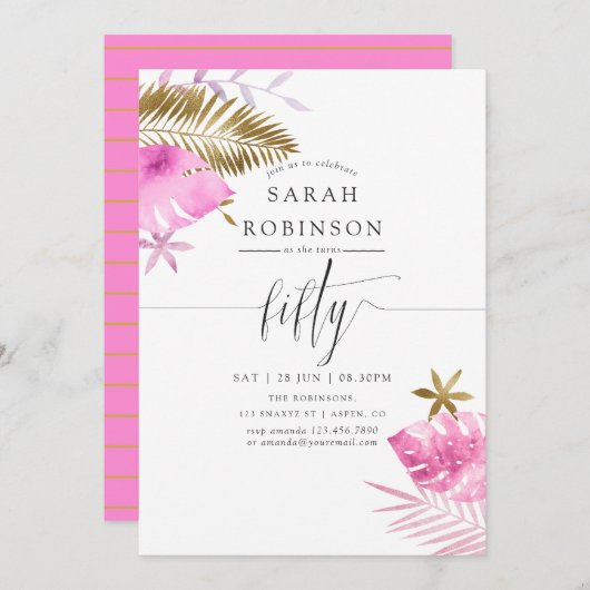 Roze en goudtropische feestdag 50e verjaardag kaart (Voorkant / Achterkant)