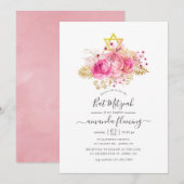Roze en goudtropische platte vaat Mitzvah Kaart (Voorkant / Achterkant)