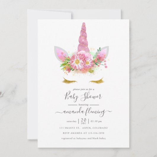 Roze en goudvlies Unicorn Girl Baby shower Kaart (Voorkant)