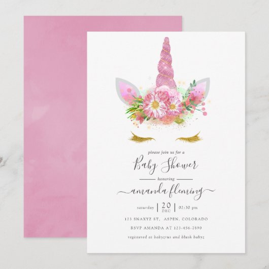 Roze en goudvlies Unicorn Girl Baby shower Kaart (Voorkant / Achterkant)
