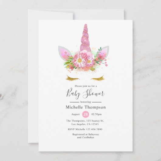 Roze en goudvlies Unicorn Girl Baby shower Kaart (Voorkant)