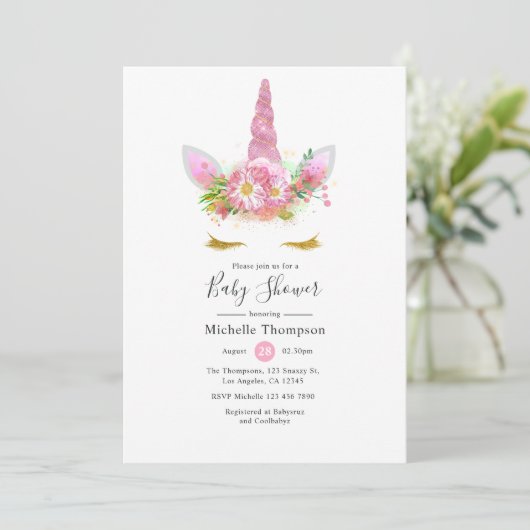 Roze en goudvlies Unicorn Girl Baby shower Kaart (Staand voorkant)