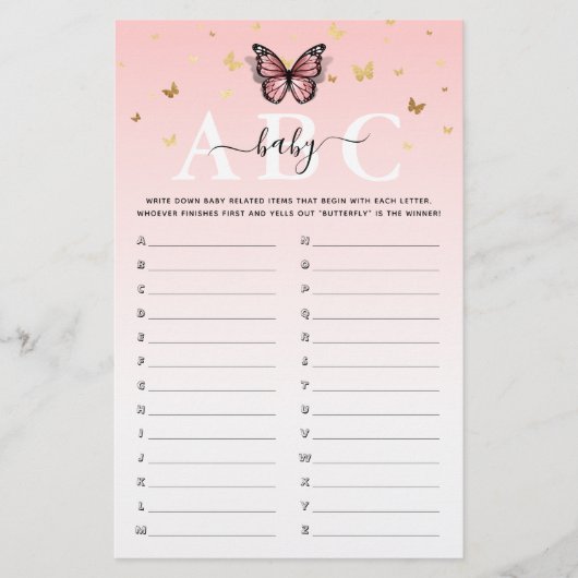 Roze en goudvlinder ABC Baby shower Game (Voorkant)