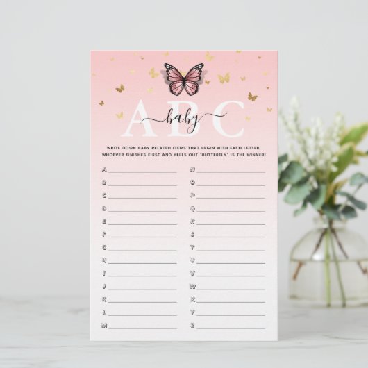 Roze en goudvlinder ABC Baby shower Game (Staand voorkant)