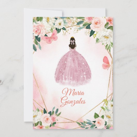 Roze en goudvlinder Charra Mis Quince Kaart (Achterkant)