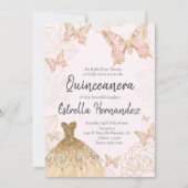 Roze en goudvlinder Quinceanera Uitnodiging (Voorkant)