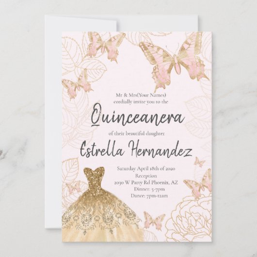 Roze en goudvlinder Quinceanera Uitnodiging (Voorkant)