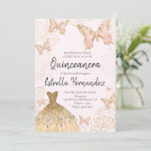 Roze en goudvlinder Quinceanera Uitnodiging (Staand voorkant)