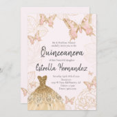 Roze en goudvlinder Quinceanera Uitnodiging (Voorkant / Achterkant)