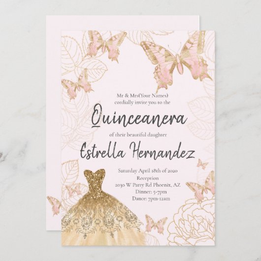 Roze en goudvlinder Quinceanera Uitnodiging (Voorkant / Achterkant)