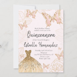 Roze en goudvlinder Quinceanera Uitnodiging