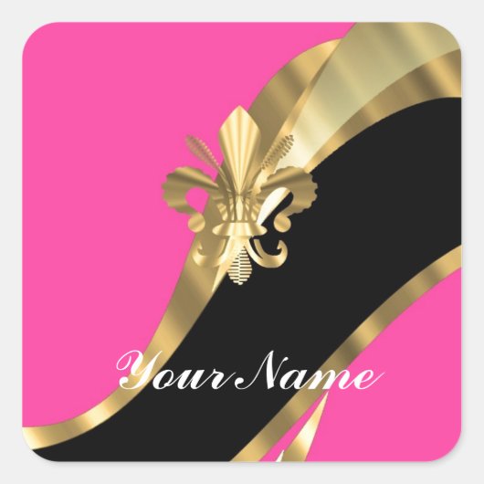 Roze en goudvloour de lys vierkante sticker (Voorkant)