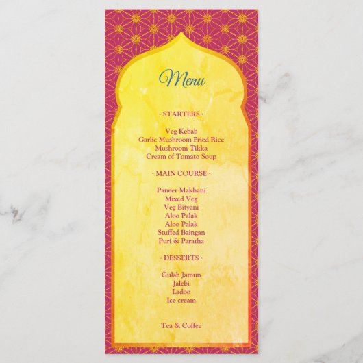 Roze en goudvormende grens Indische bruiloft Menu (Voorkant)