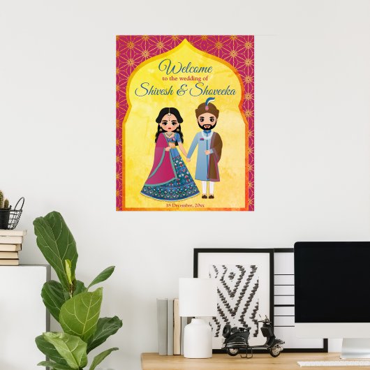 Roze en goudvormende grens Indische bruiloft welko Poster (Thuiskantoor)