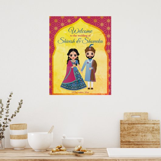 Roze en goudvormende grens Indische bruiloft welko Poster (Keuken)