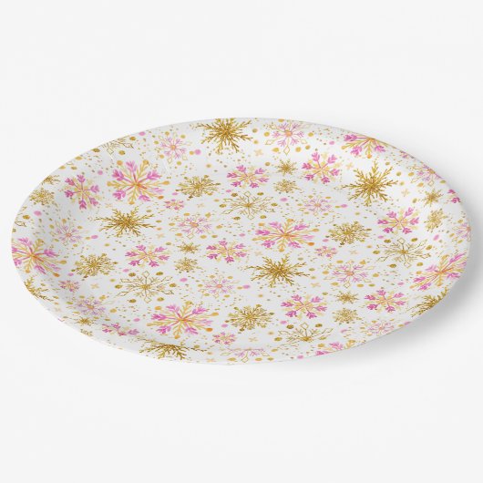 Roze en goudwintersopflakken papieren bordje (Gekanteld)