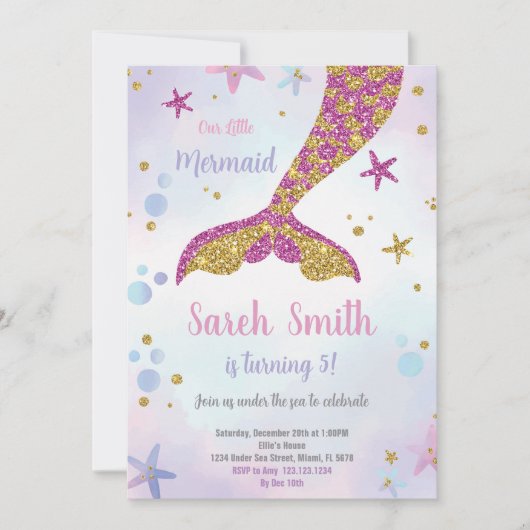Roze en goudzeemeermin Glitter Tail Uitnodiging (Voorkant)