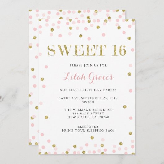 Roze en goudzoete 16-daagse uitnodigingen (Voorkant / Achterkant)