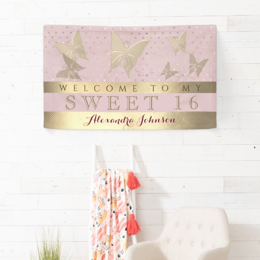 Roze en goudzoete 16-jarige verjaardag spandoek (Insitu)