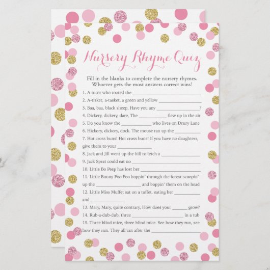 Roze en goudzure Baby shower Rhyme Quiz (Voorkant / Achterkant)