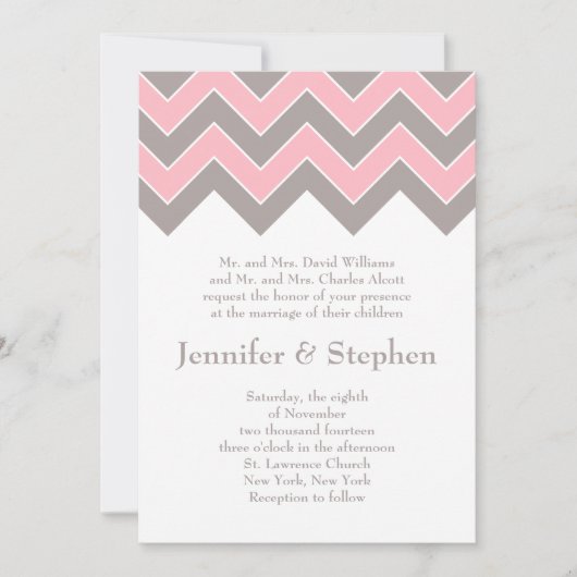 Roze en Gray Chevron Wedding Kaart (Voorkant)