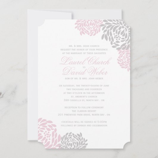 Roze en Gray Floral Wedding Invitations Kaart (Voorkant)