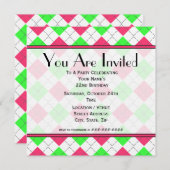 Roze en Green Argyle Birthday Uitnodiging (Voorkant / Achterkant)