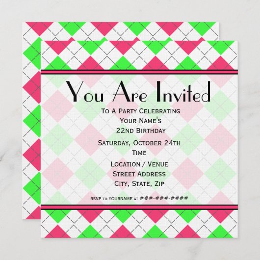 Roze en Green Argyle Birthday Uitnodiging (Voorkant / Achterkant)