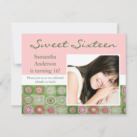 Roze en Green Artsy Sweet Sixteen-uitnodiging Kaart (Voorkant)