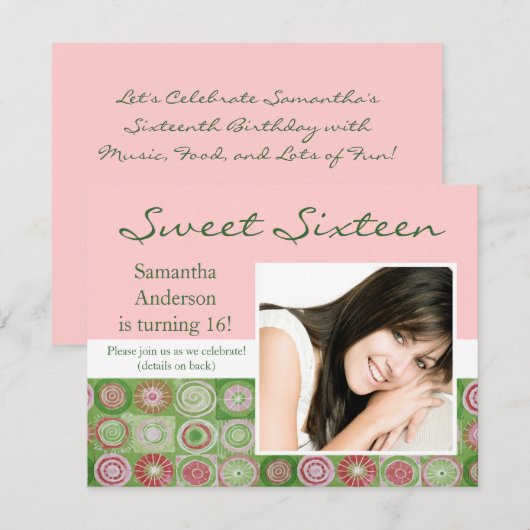 Roze en Green Artsy Sweet Sixteen-uitnodiging Kaart (Voorkant / Achterkant)