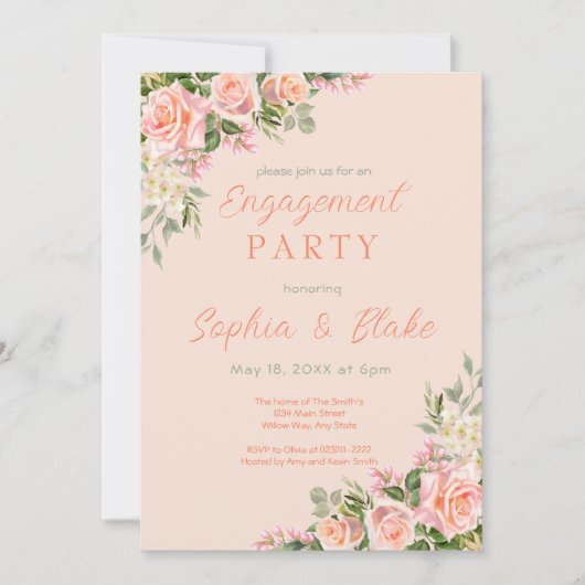 Roze en Greenery | Peach Engagement Party Kaart (Voorkant)