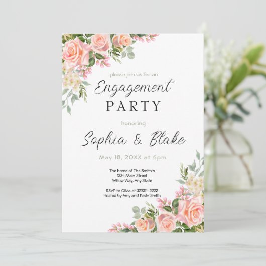 Roze en Greenery | White Engagement Party Kaart (Staand voorkant)