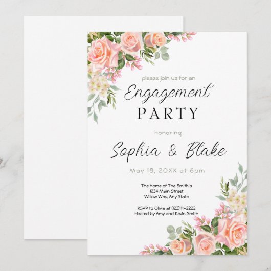 Roze en Greenery | White Engagement Party Kaart (Voorkant / Achterkant)