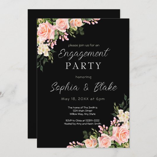 Roze en Greenery | Zwarte Engagement Party Kaart (Voorkant / Achterkant)