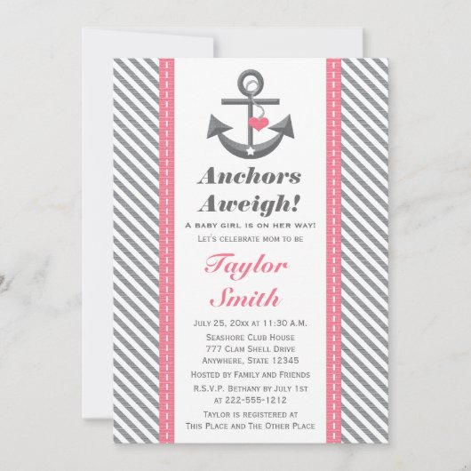 Roze en grijs Anchor Nautisch Baby shower Kaart (Voorkant)
