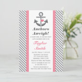 Roze en grijs Anchor Nautisch Baby shower Kaart (Staand voorkant)