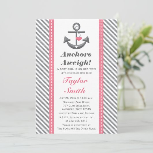 Roze en grijs Anchor Nautisch Baby shower Kaart (Staand voorkant)