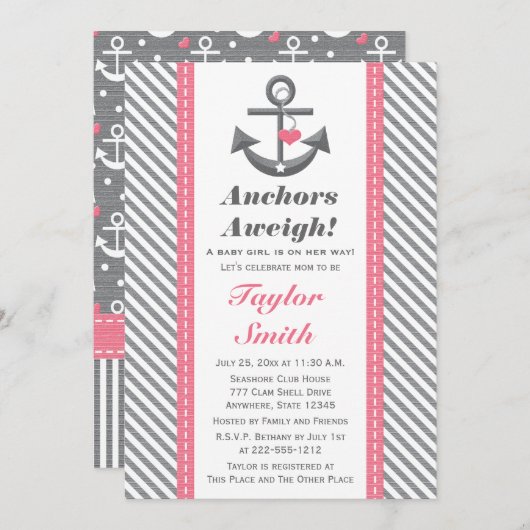 Roze en grijs Anchor Nautisch Baby shower Kaart (Voorkant / Achterkant)