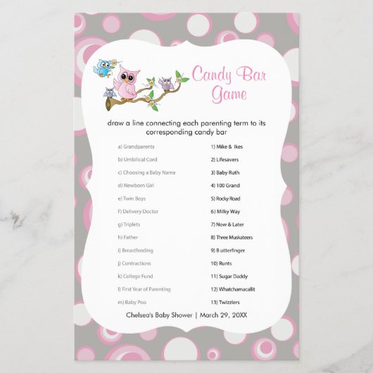 Roze en Grijs Baby shower Uil Snoep Bar Game Flyer (Voorkant)